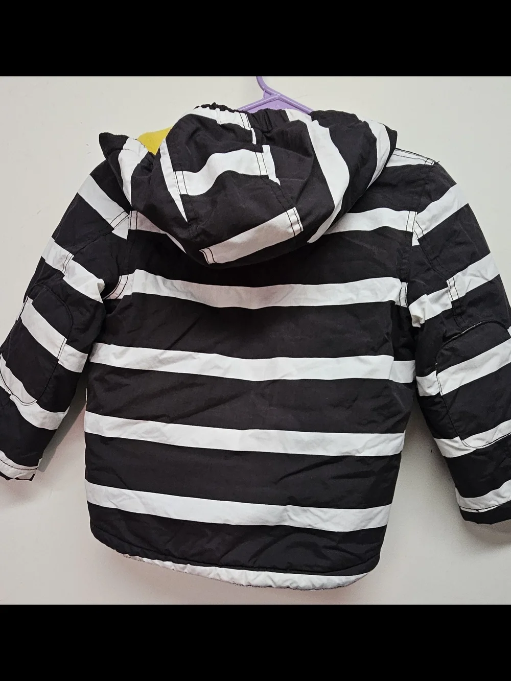 Boden Black & White Striped Puffer Jacket with Yellow Lining